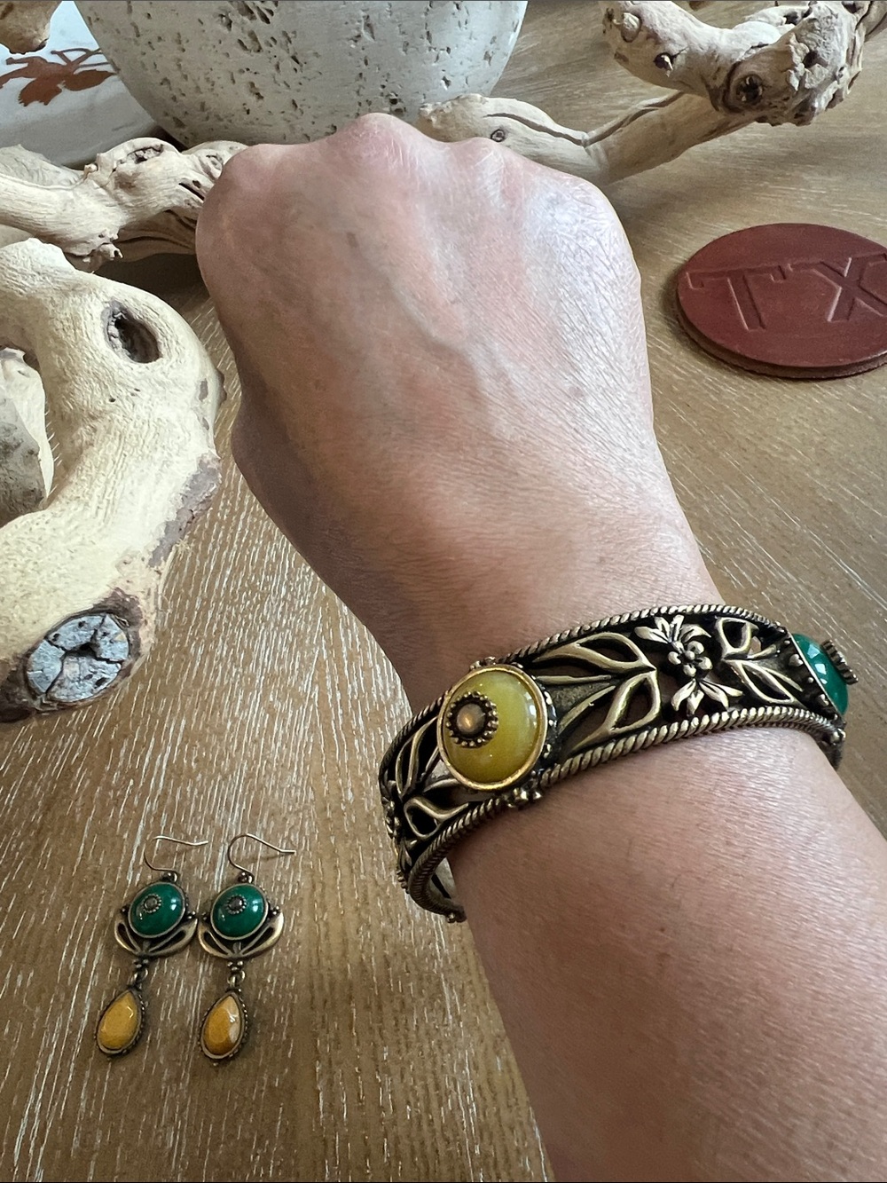 Lucky Brand Yellow and Green Cabochon Floral Metal Cuff Bracelet